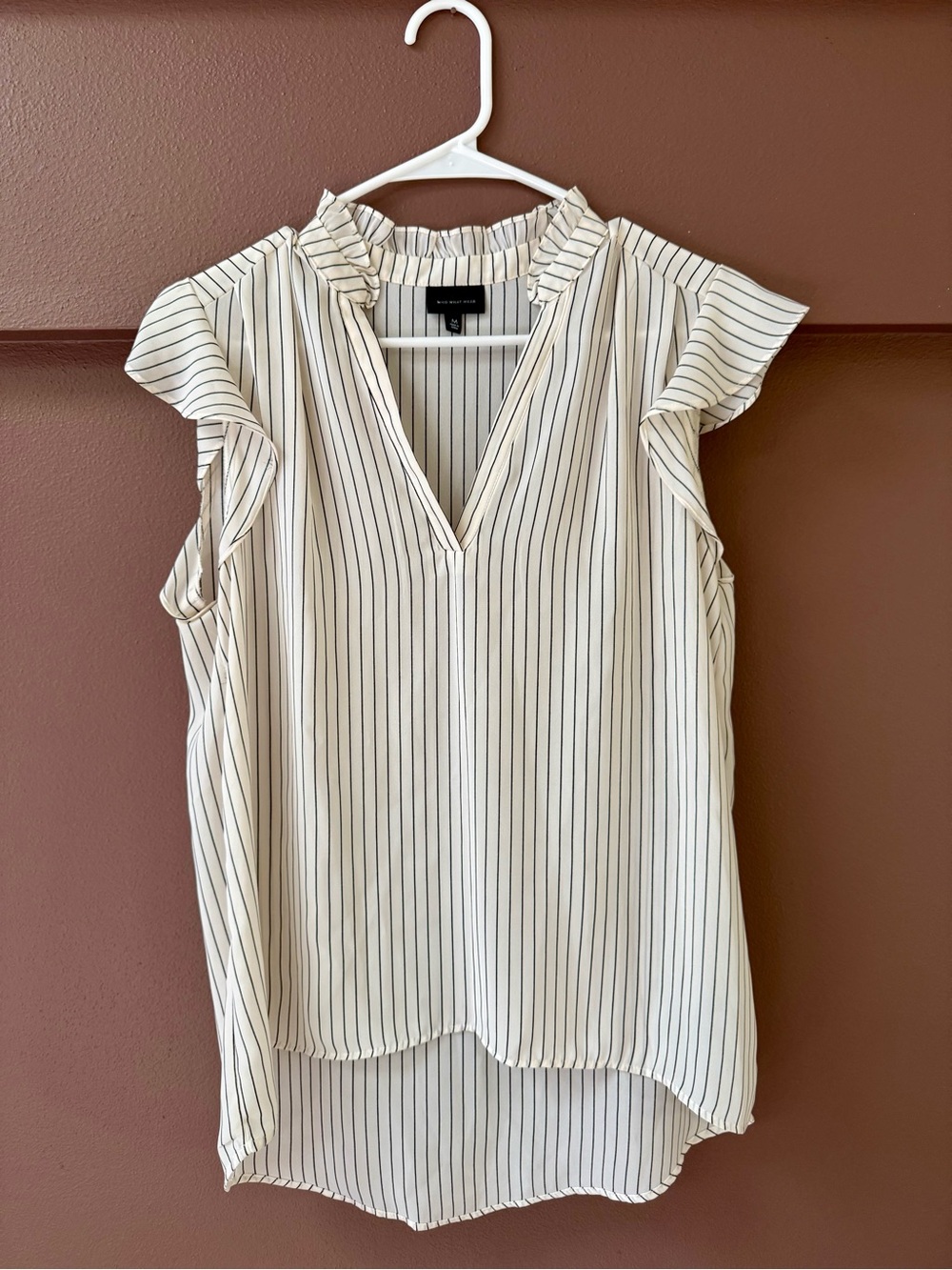Who What Wear Cream and Black Pinstripe Ruffle Sleeve V-Neck Blouse